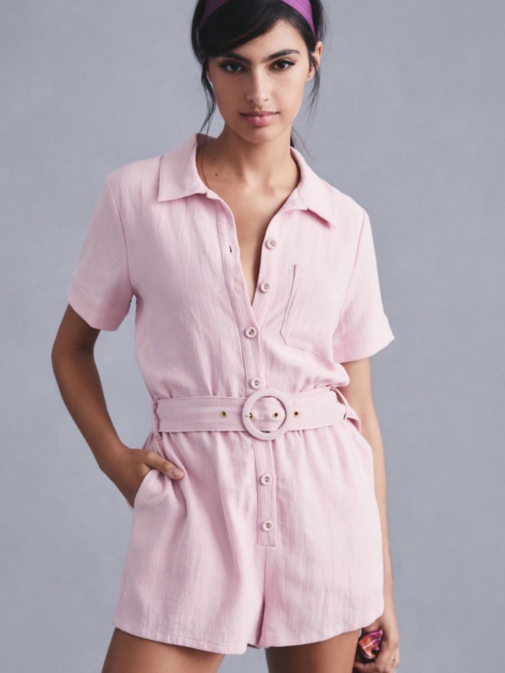 Lost + Wander Pink Short-Sleeve Belted Romper